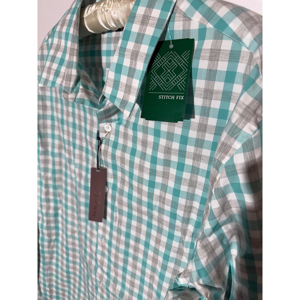 Fairlane & Sons Mens XXL Slim Fit Gingham Shirt Teal Grey Wrinkle Free Cotton - Picture 2 of 5